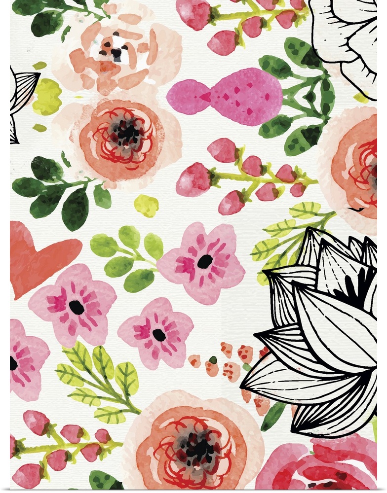 Assortment of flowers in watercolor and ink in shades of pink with green leaves.