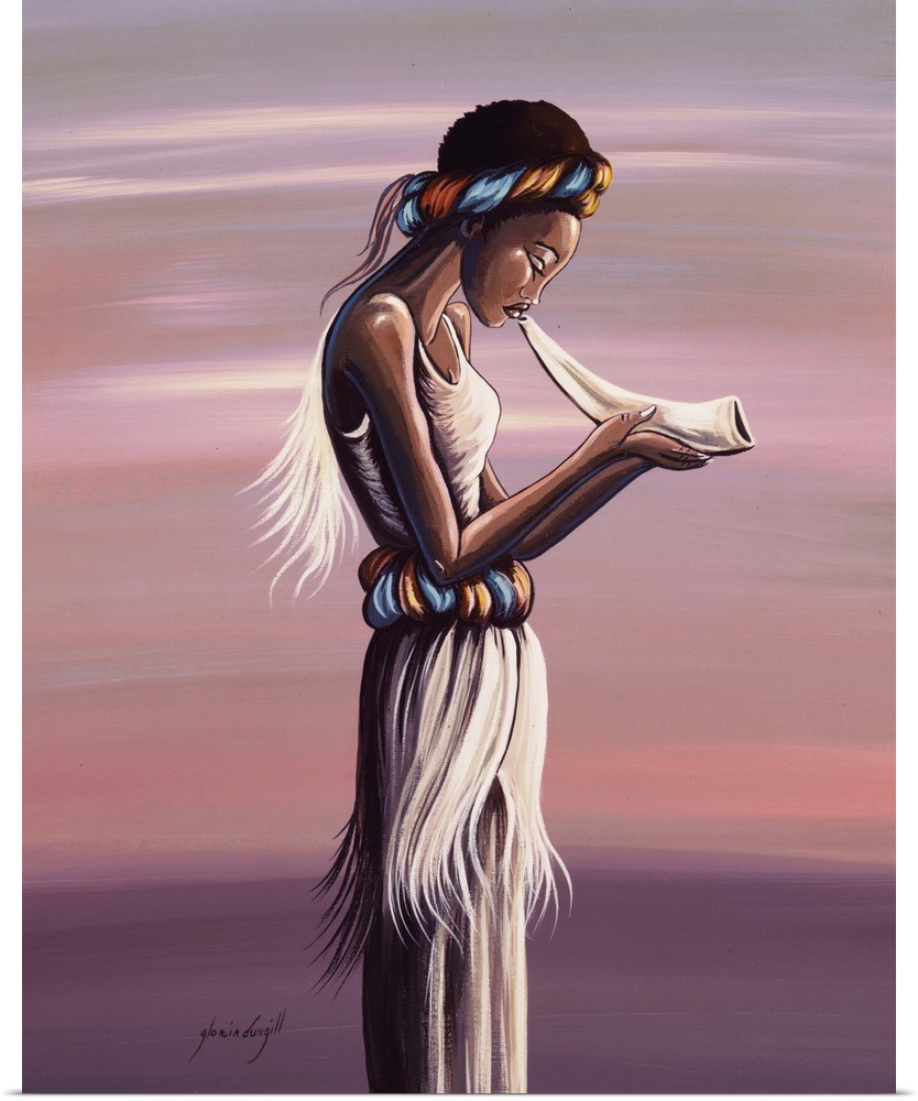 Contemporary African painting of a woman blowing on a horn at dusk.