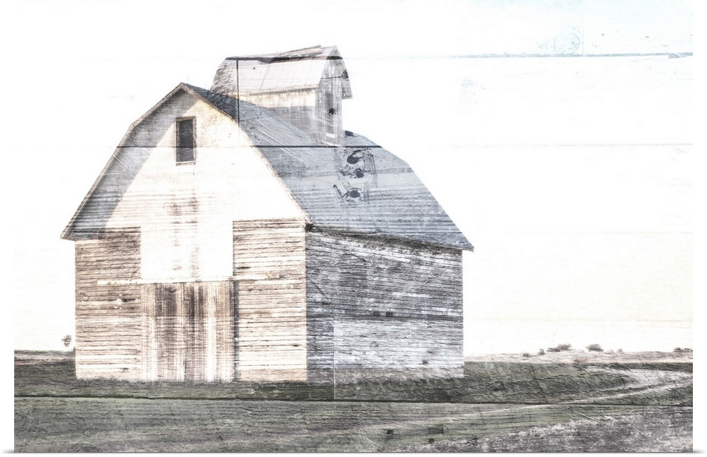 An image, in neutral tones, of a barn on top of wood planks.