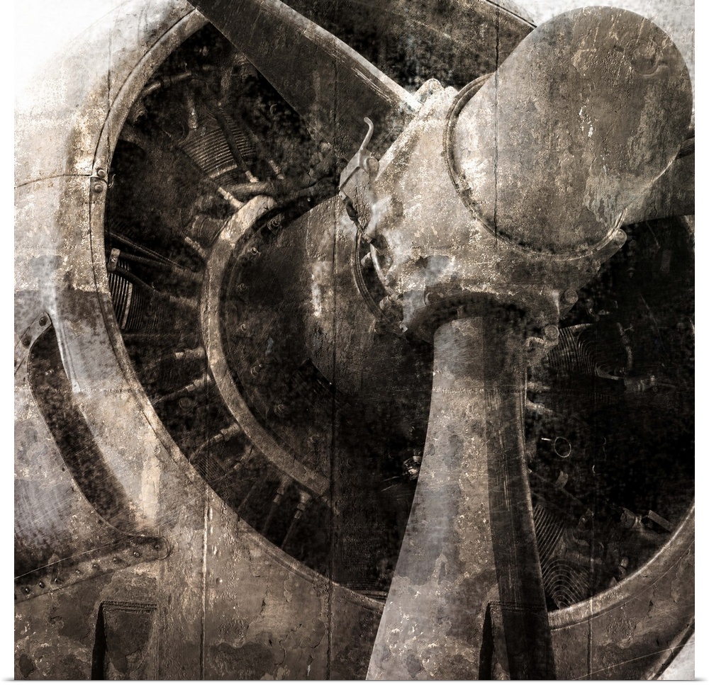 Close up of the propeller of an airplane with a grungy texture.