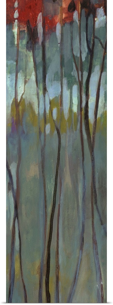 Contemporary painting of thin birch trees with bright leaves in a dark forest.