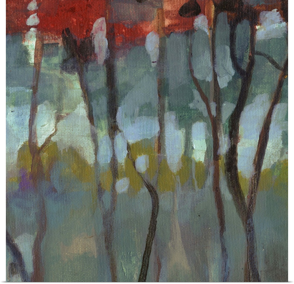 Contemporary artwork of thin birch trees in a dark forest with bright leaves.