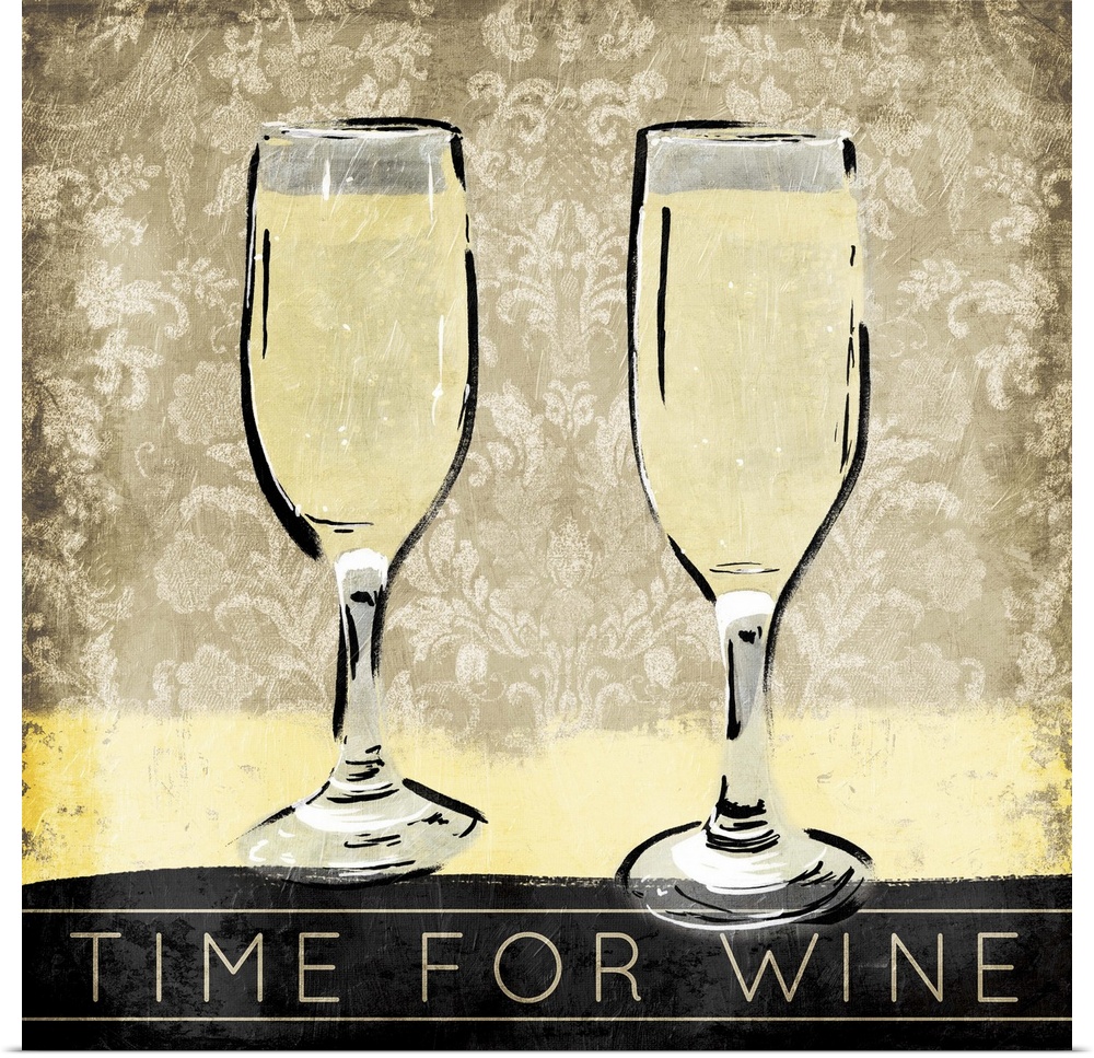 A painting of two white wine flutes with a decorative background and the phrase "Time for Wine" at the bottom.