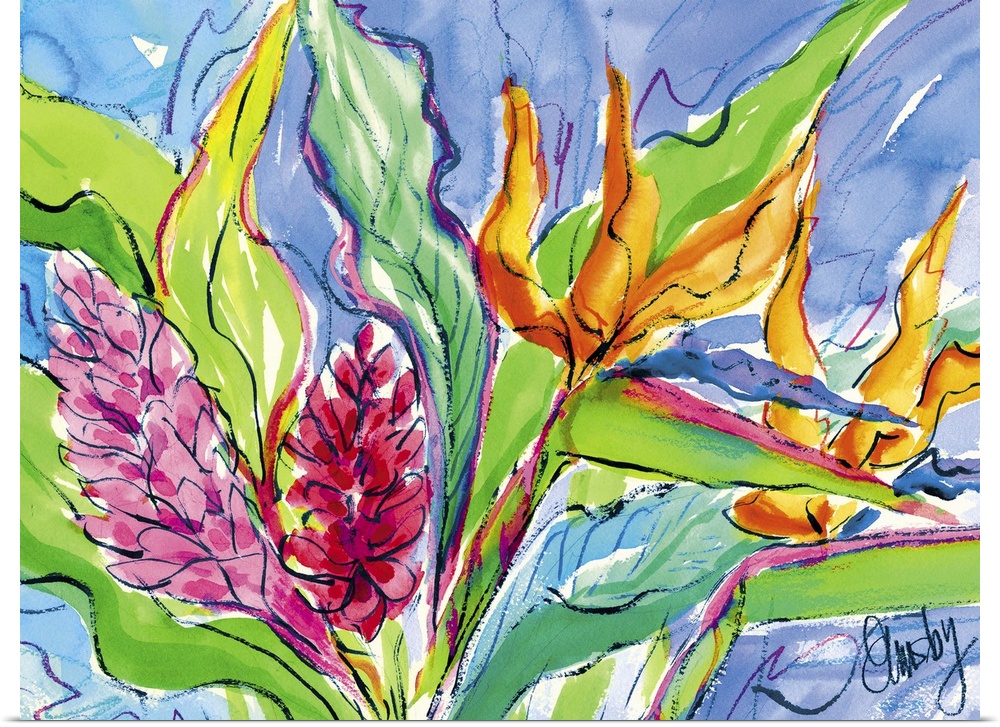 Contemporary painting of bird of paradise flowers, with other tropical flowers.