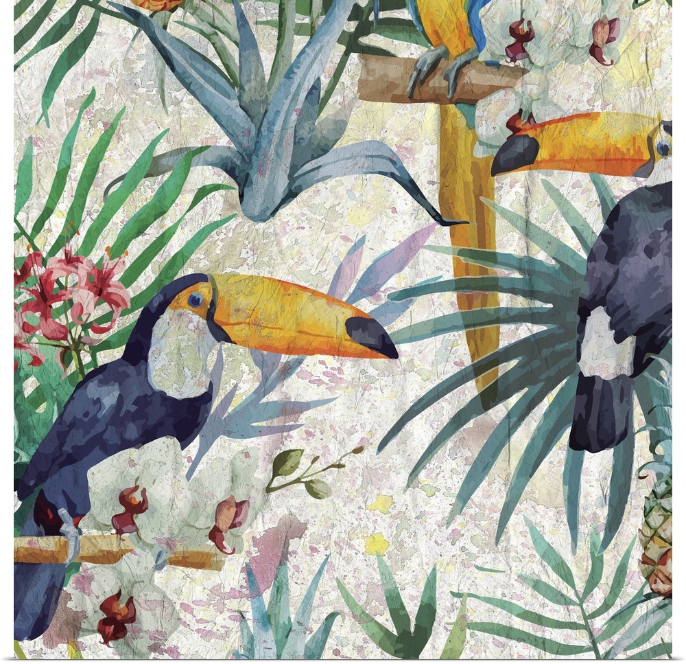 Tropical pattern with Toco Toucans on green palm leaves with white orchids.