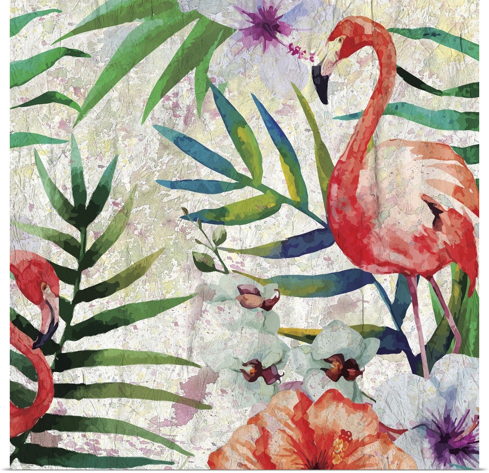 Tropical pattern with Flamingos and green palm leaves with white orchids.