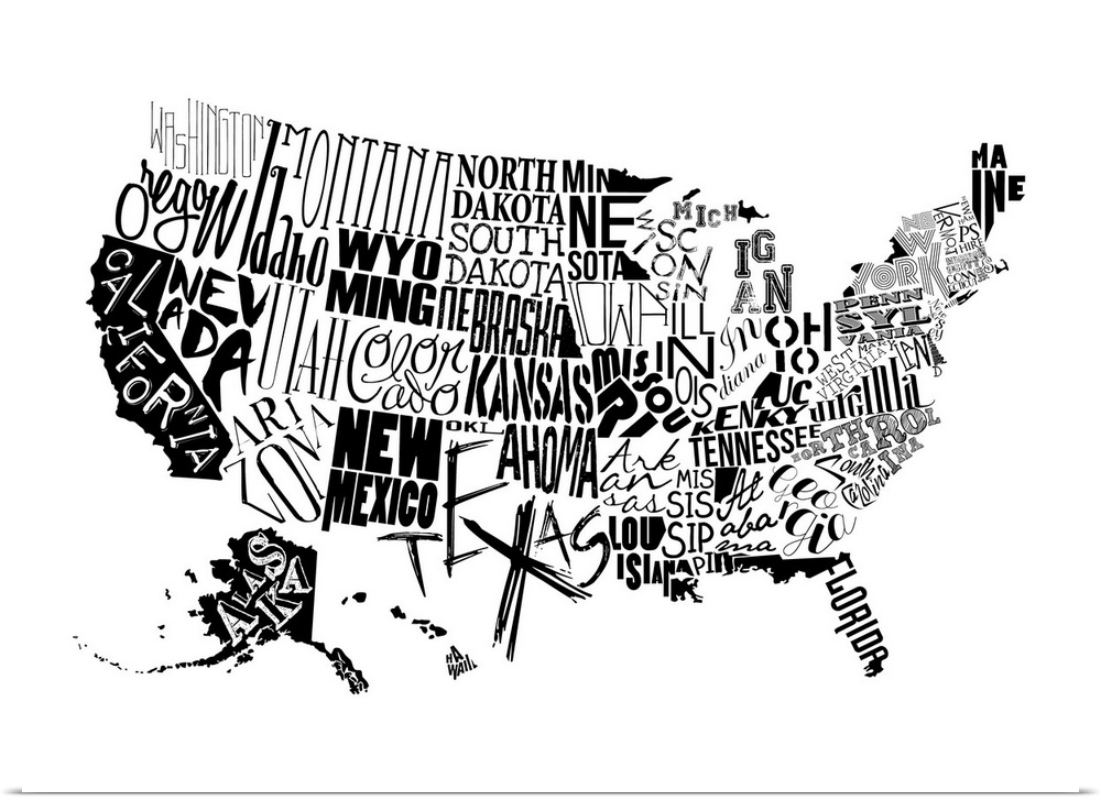A contemporary typography map of the United States with all the state names in black and white.
