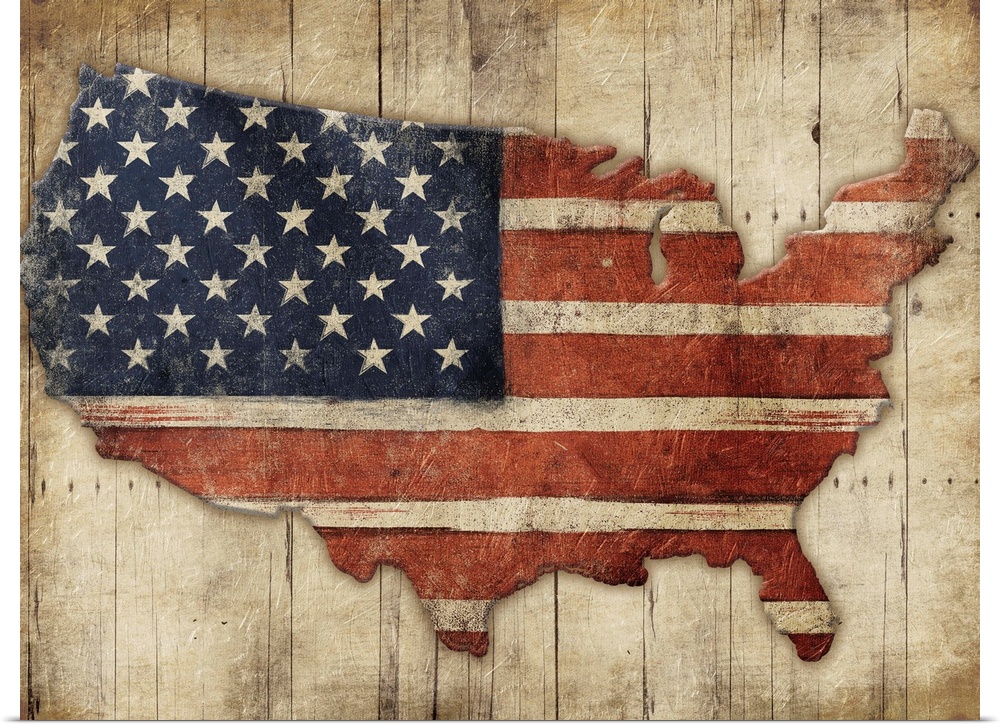 A rustic map of the United States made out of the American flag on a wood panel background.