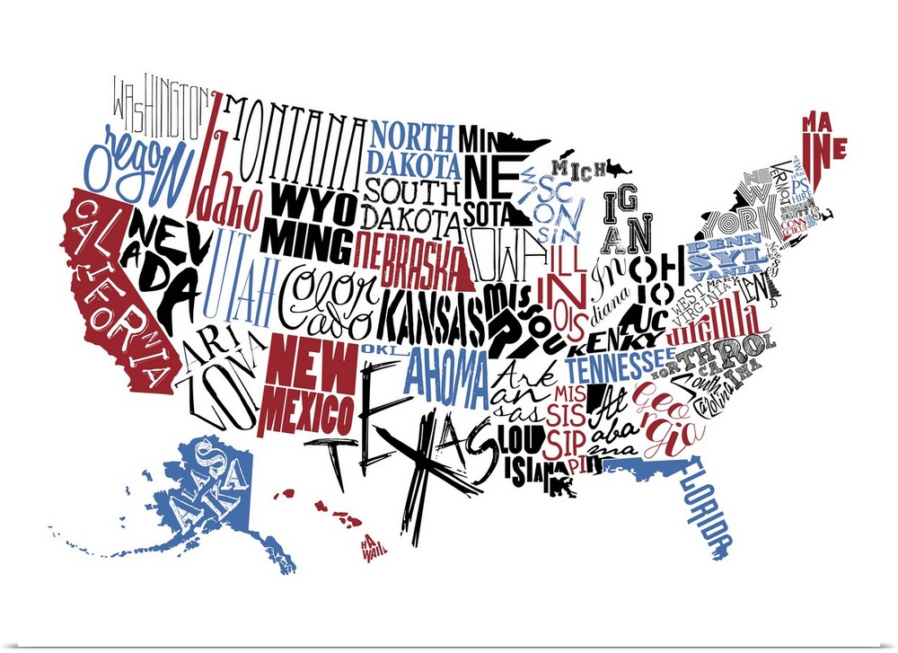 Contemporary painting using typography to make the shape of the USA.