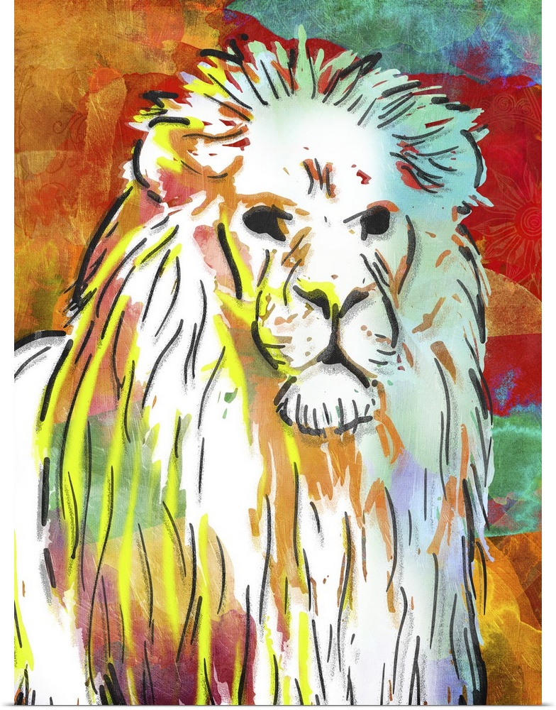 A bright and colorful painting of a lion.