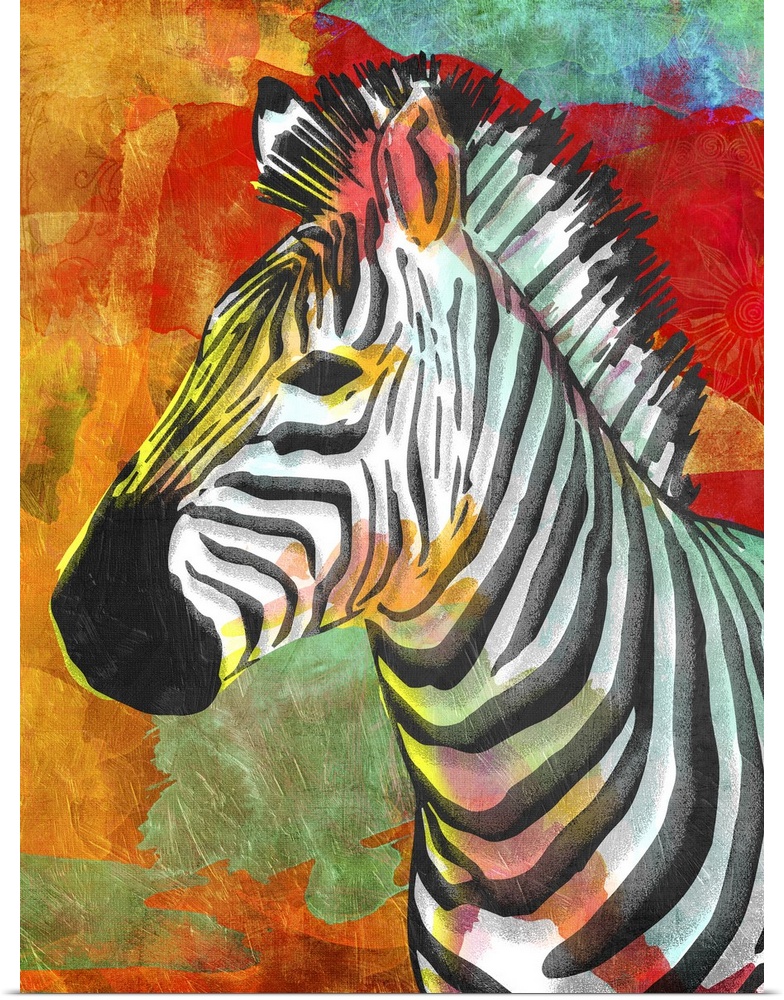 A bright and colorful painting of a zebra.