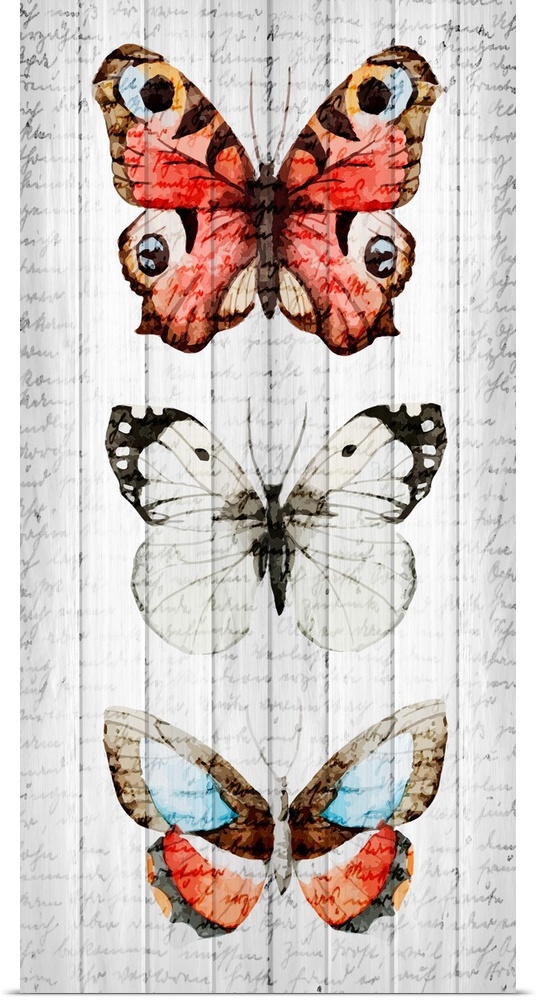 Three butterflies painted vertically on a wooden paneled background with faded handwriting on top.