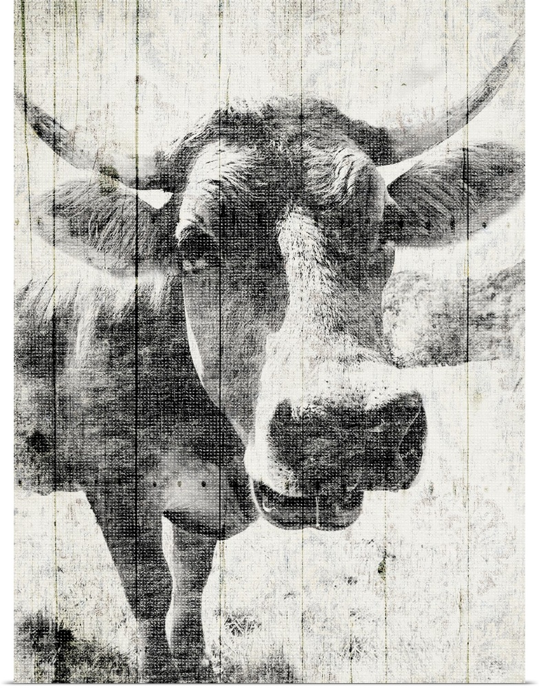 Contemporary artwork of a cow against a background of rustic wood planks.