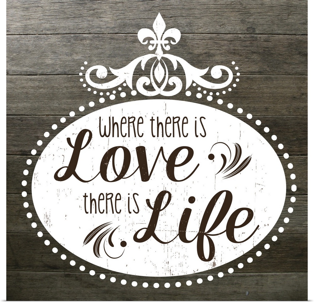 The phrase "Where there is love there is life" on a vintage marquee shape over a faux wood texture.