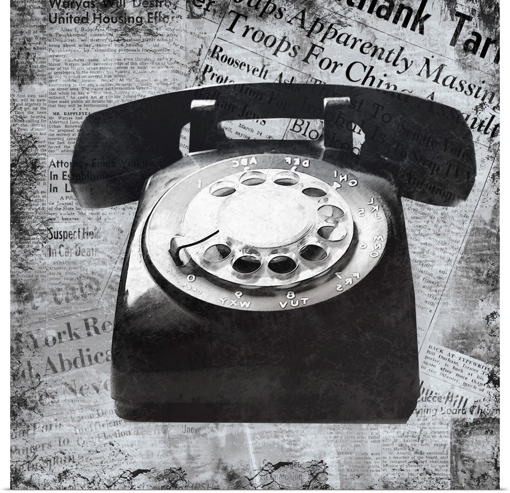 A black and white image of a vintage telephone on a newspaper clipping background.
