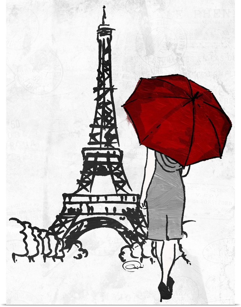 Ink drawing of a woman with a red umbrella walking towards the Eiffel Tower.