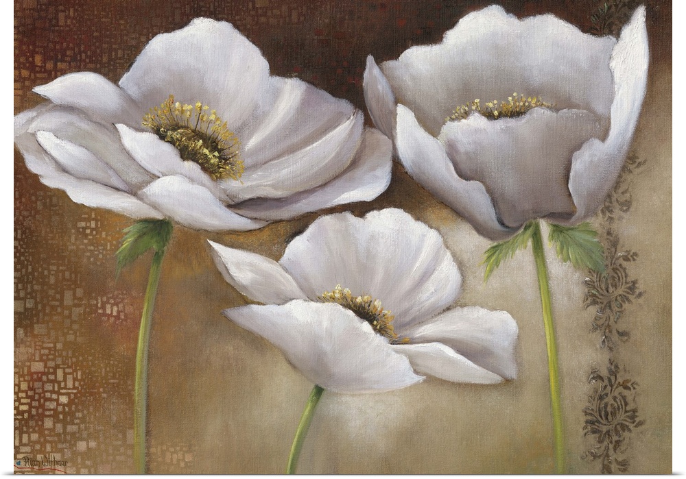Contemporary painting of silky looking white flowers against an earth toned background.