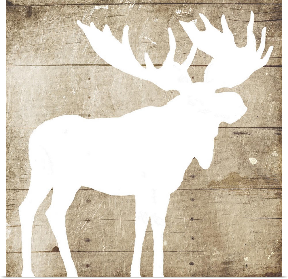 A white silhouette of a moose painted on a wood background.