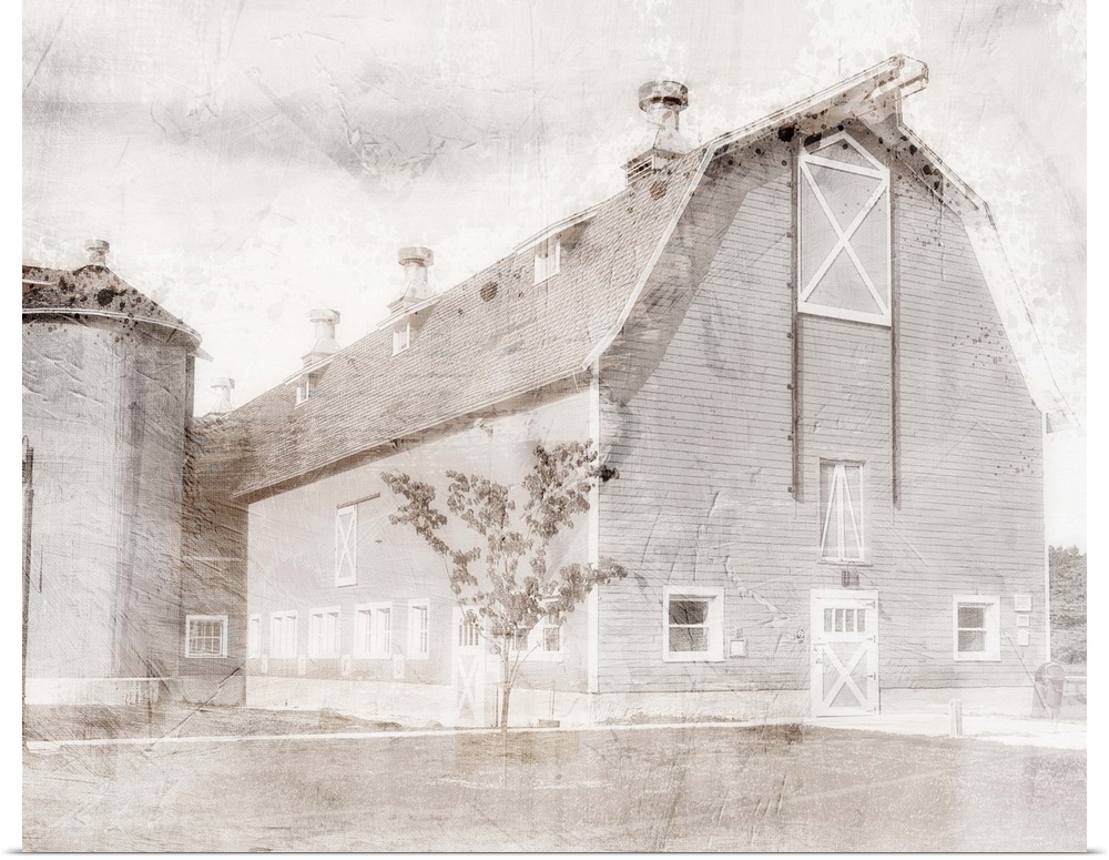 An image in shades of gray of a barn with a textured overlay.