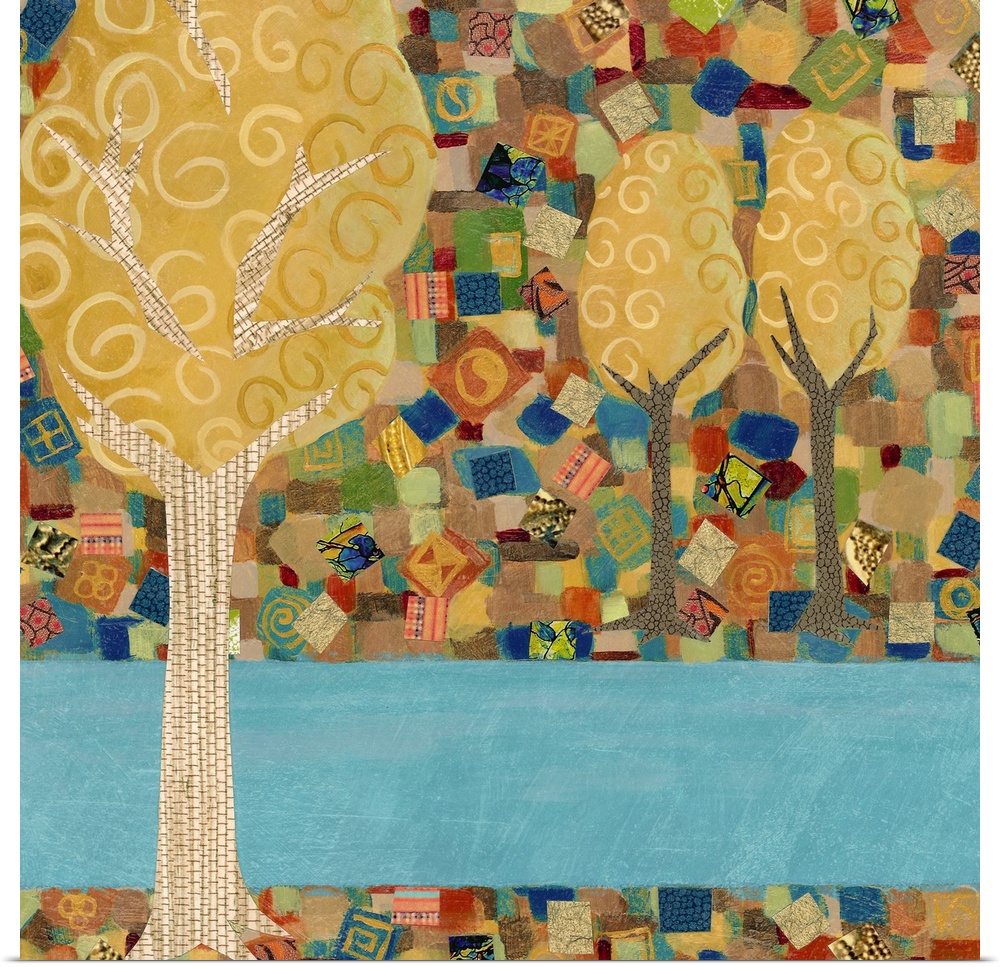Contemporary artwork of golden trees against a mosaic background.