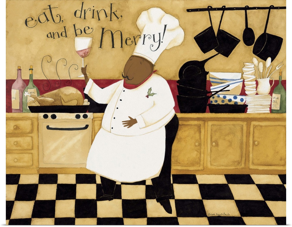 Happy chef tasting wine in a kitchen with the phrase "Eat, drink and be merry" at the top of the image.