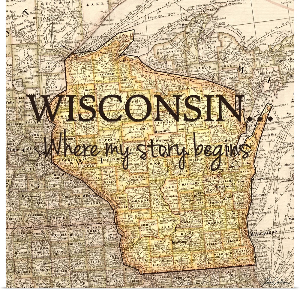 Black text over a map of the state of Wisconsin.