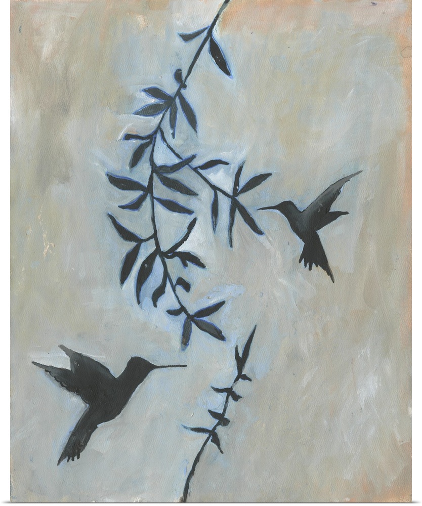 Contemporary artwork of two hummingbirds at a hanging vine.