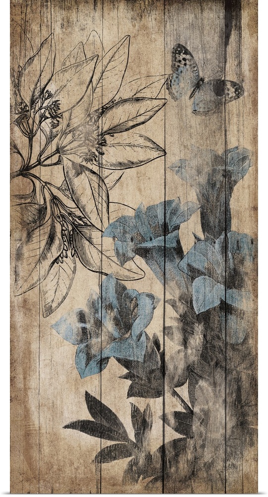 Vertical contemporary artwork of blue flowers appearing to be painted on a wood surface.