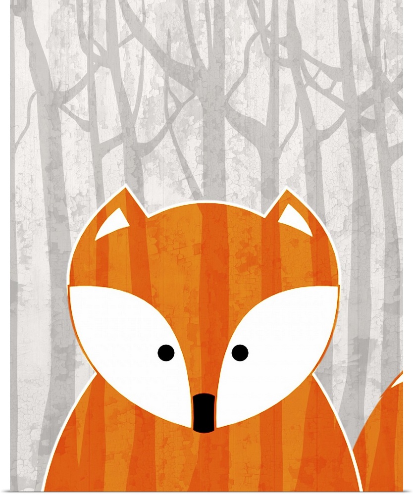 Nursery art of a cute fox in a forest.