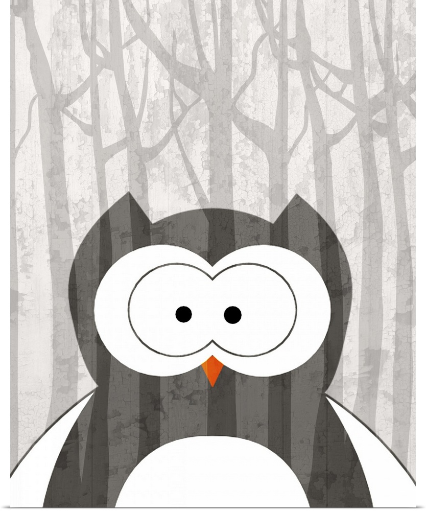 Nursery art of a cute owl in a forest.