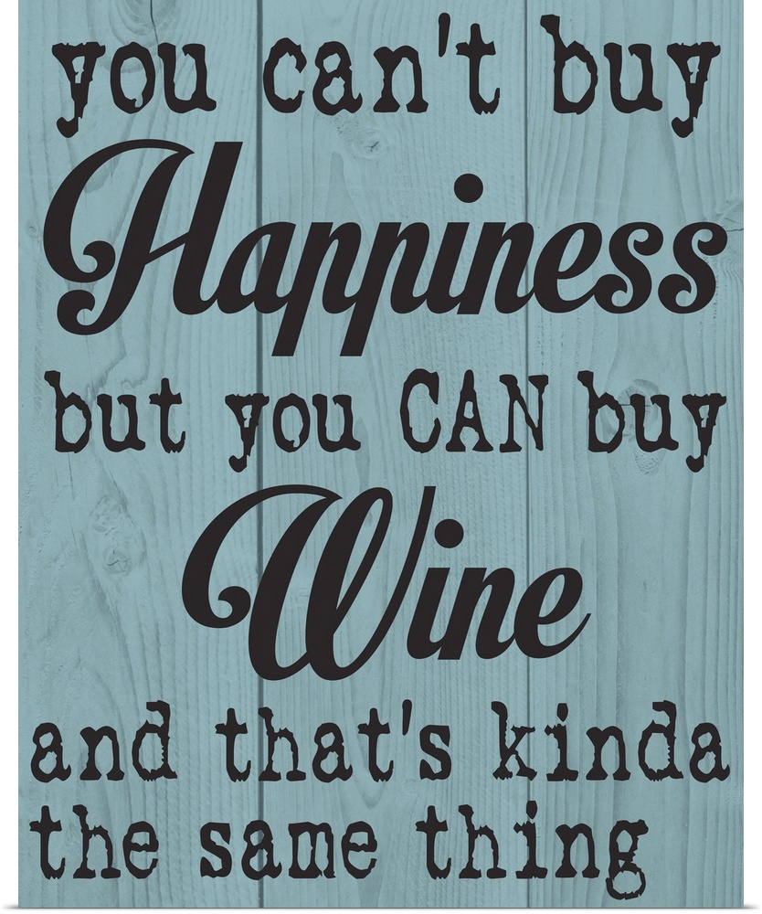"You can't buy happiness, but you can buy wine and that's kinda the same thing" written on a wood texture background.