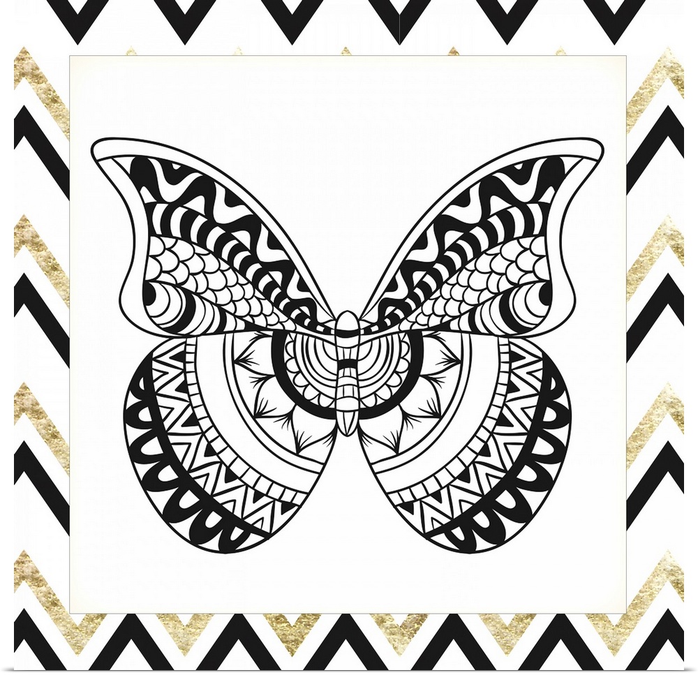 A symmetrical black and gold designed butterfly.