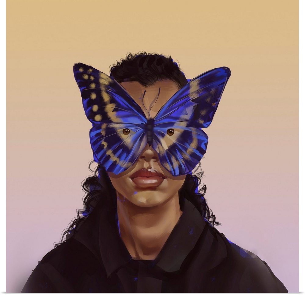 A woman with cobalt butterfly frames.