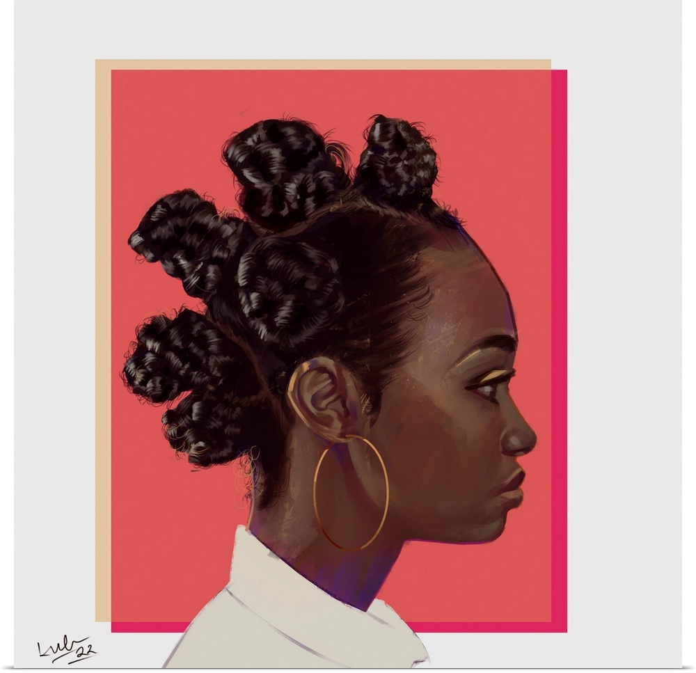 A high impact contemporary portrait of a young Black woman with knotted hair and large gold hoop earrings