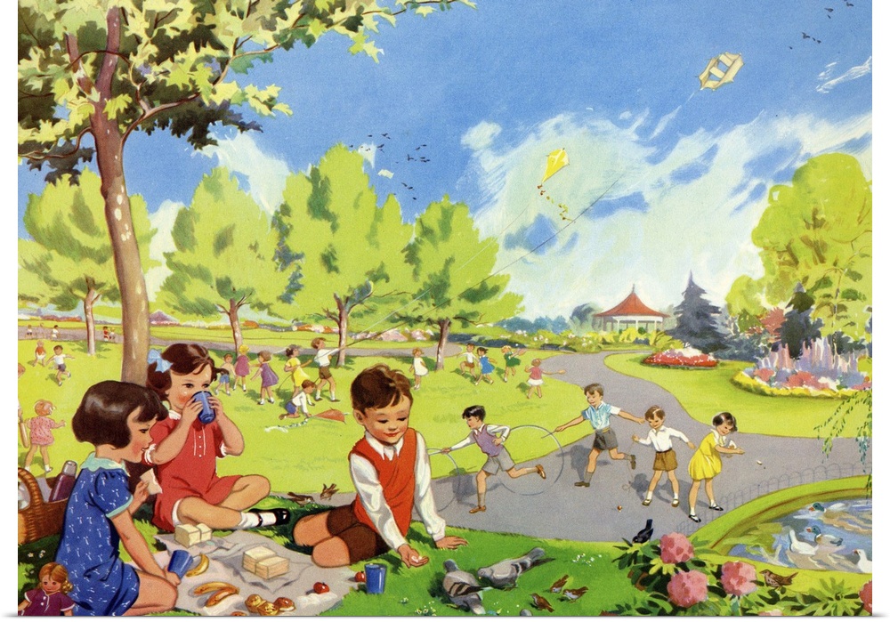 Infant School Illustrations.1950s.UK.parks playing picnics hoops  Enid Blyton...