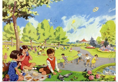 Children Having A Picnic And Feeding Pigeons