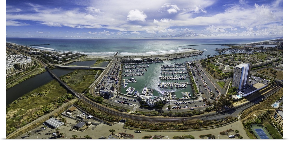 Aerial Panoramic of the Oceanside Harbor in Oceanside, California, USA.