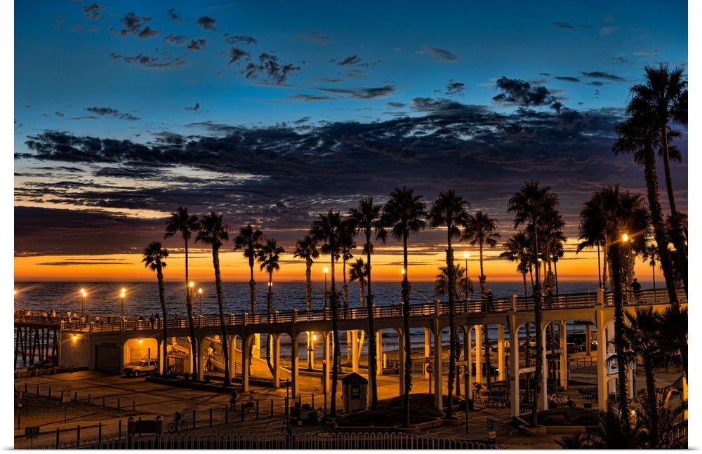 The lights are on at sunset at the Oceanside Pier, Oceanside, California, USA.