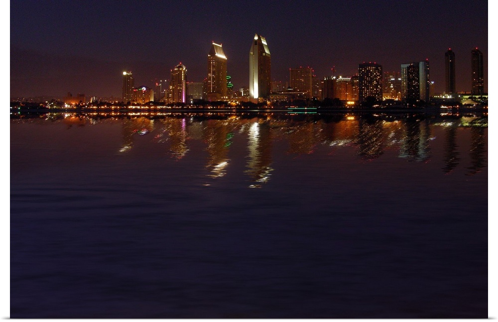 San Diego nightscape skyline reflections as seen from Coronado Island. San Diego, California, USA