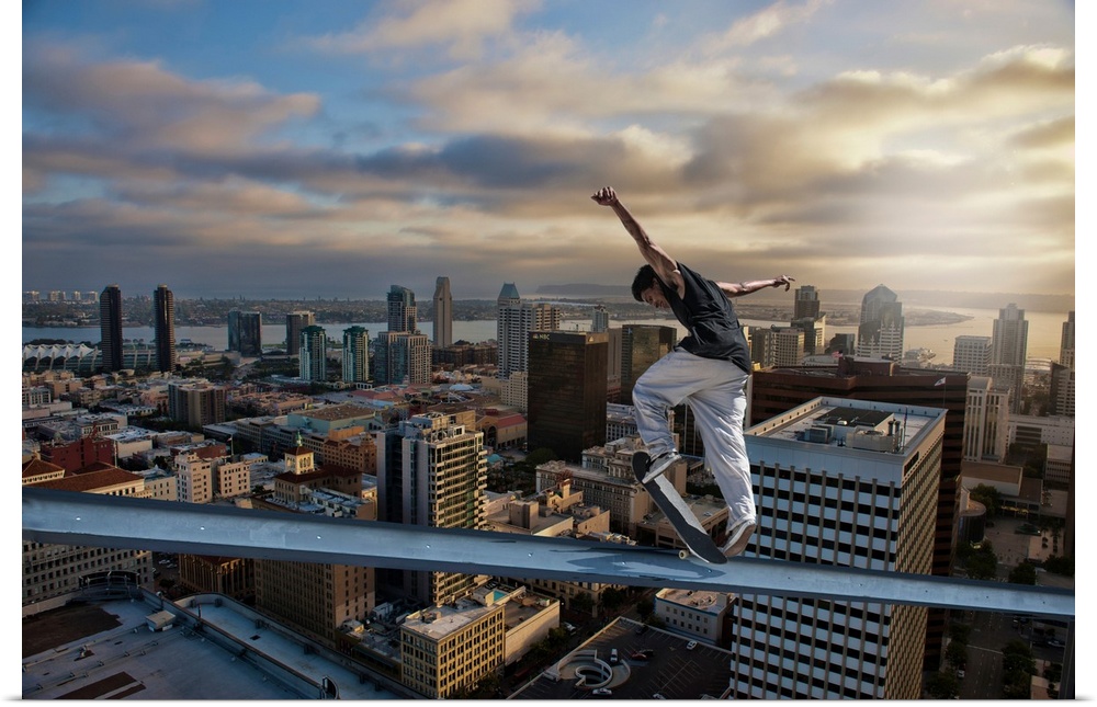 Skyboarder. A digital composite of a skateboarder over San Diego's skyline.