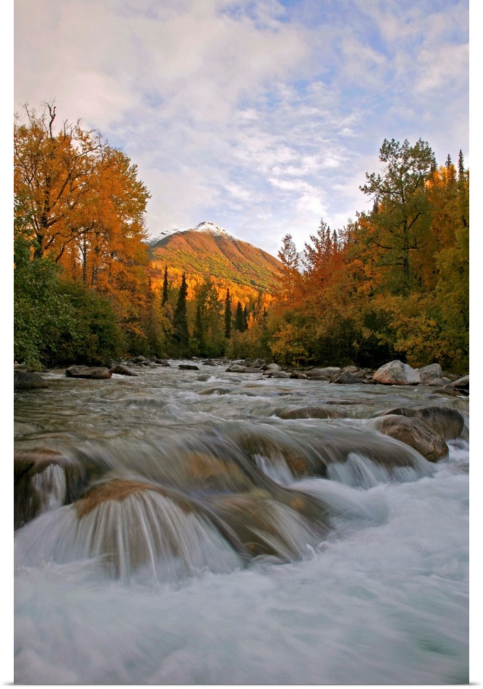 The Little Susitna River at the start of the Hatchers Pass Road in Autumn.  Long exposure streaked water.  Talkeetna mount...