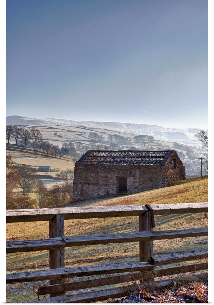 A Barn On A Hilly Landscape In The Fog; Yorkshire Dales, England