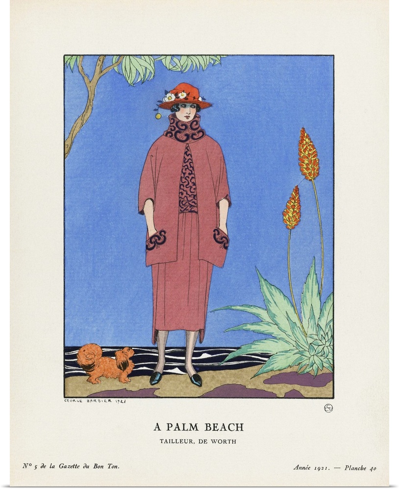 A Palm Beach.  At Palm Beach.  (Florida, USA). Tailleur de Worth. House of Worth.  Art-deco fashion illustration by French...