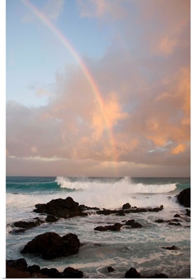 A Rainbow Crosses The Sky Over Ocean Waves, Hawaii