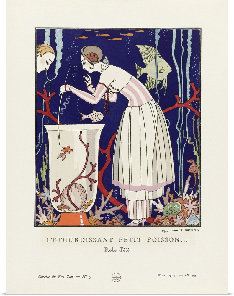 L'etourdissant Petit Poisson.  A Stunning Little Fish.  Robe d'ete.  Summer dress.  Art-deco fashion illustration by Frenc...
