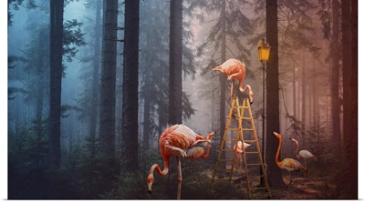 A Surreal Composite Image Of Flamingoes In A Forest With A Ladder And Lamp Post