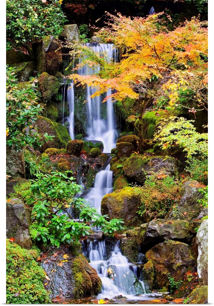 A Waterfall In The Portland Japanese Garden In Autumn, Portland, Oregon