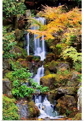 A Waterfall In The Portland Japanese Garden In Autumn, Portland, Oregon