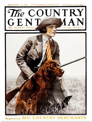 A woman with her rifle and hunting dog