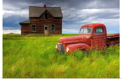 Abandoned Homestead House And Red Pick-Up Truck, Saskatchewan, Canada